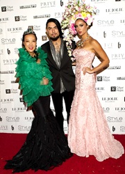 Fashion Designer Sue Wong walks the red carpet of her spring 2015 "Fairies and Sirens" fashion show with rockstar Dave Navarro and celebrity model Katie Cleary   