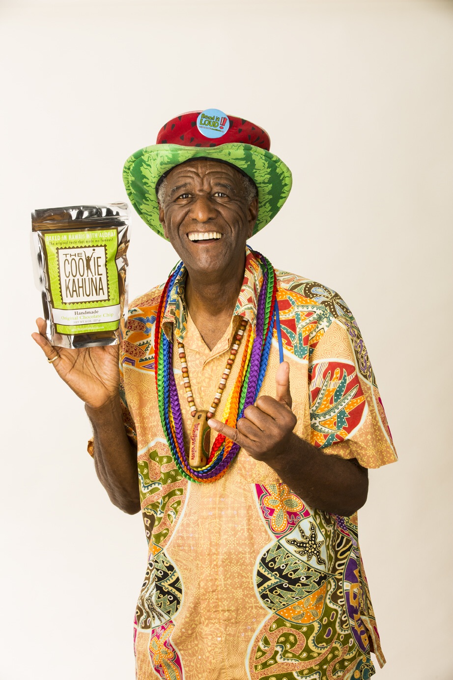 Wally Amos with his newest gourmet offering the Cookie Kahuna
