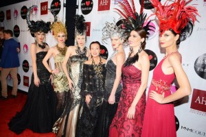 Mythical goddesses...Sue is flanked by her models on the red carpet 