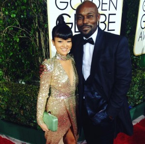 Jimmy Jean Louis dazzling with Sai Suman Couture on the red carpet with Hereos co star Kiki Sukezane at the 2016 Golden Globes