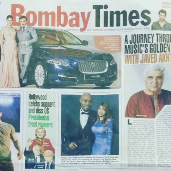 International fashion designer Sai Suman on the cover of the Bombay Times