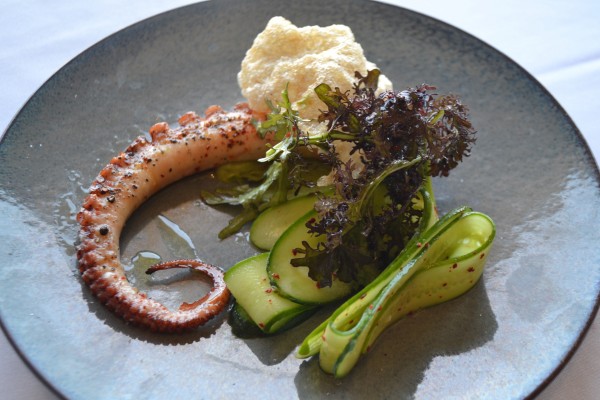 Perfectly Grilled Octopus with pickled cucumbers and avocado kosho puree