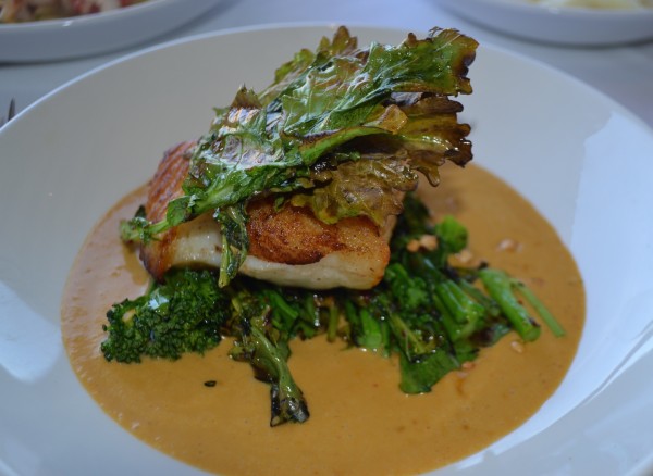 Chilean Sea Bass with grilled rapini in a red Thai curry sauce