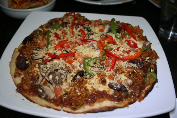 The Supreme Pizza at Suncafe. Gluten free, organic and vegan. This pizza is a delight 