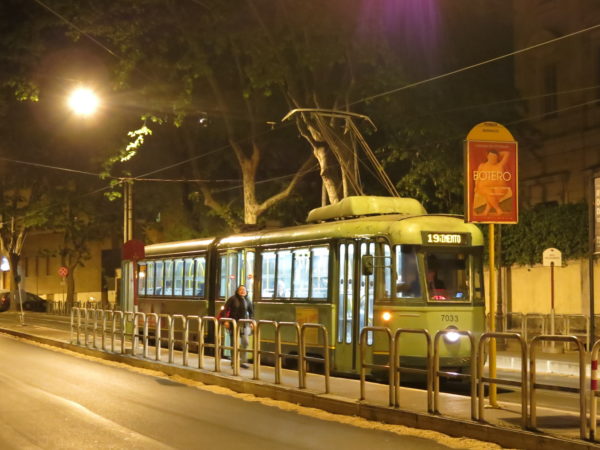 A late night tram in Rome, Italy