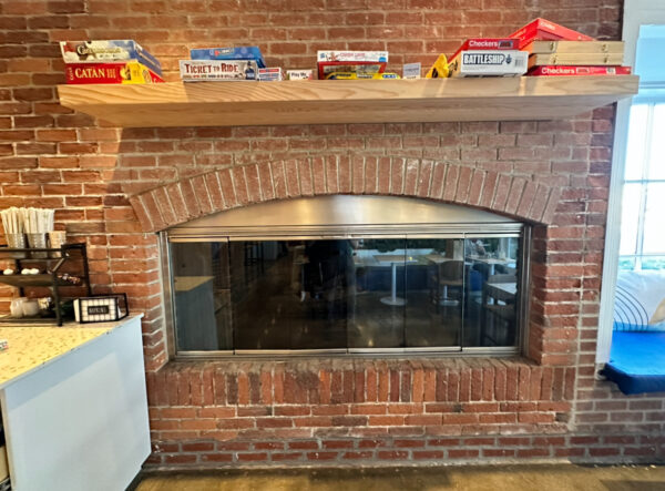 The fireplace at the Hive on National